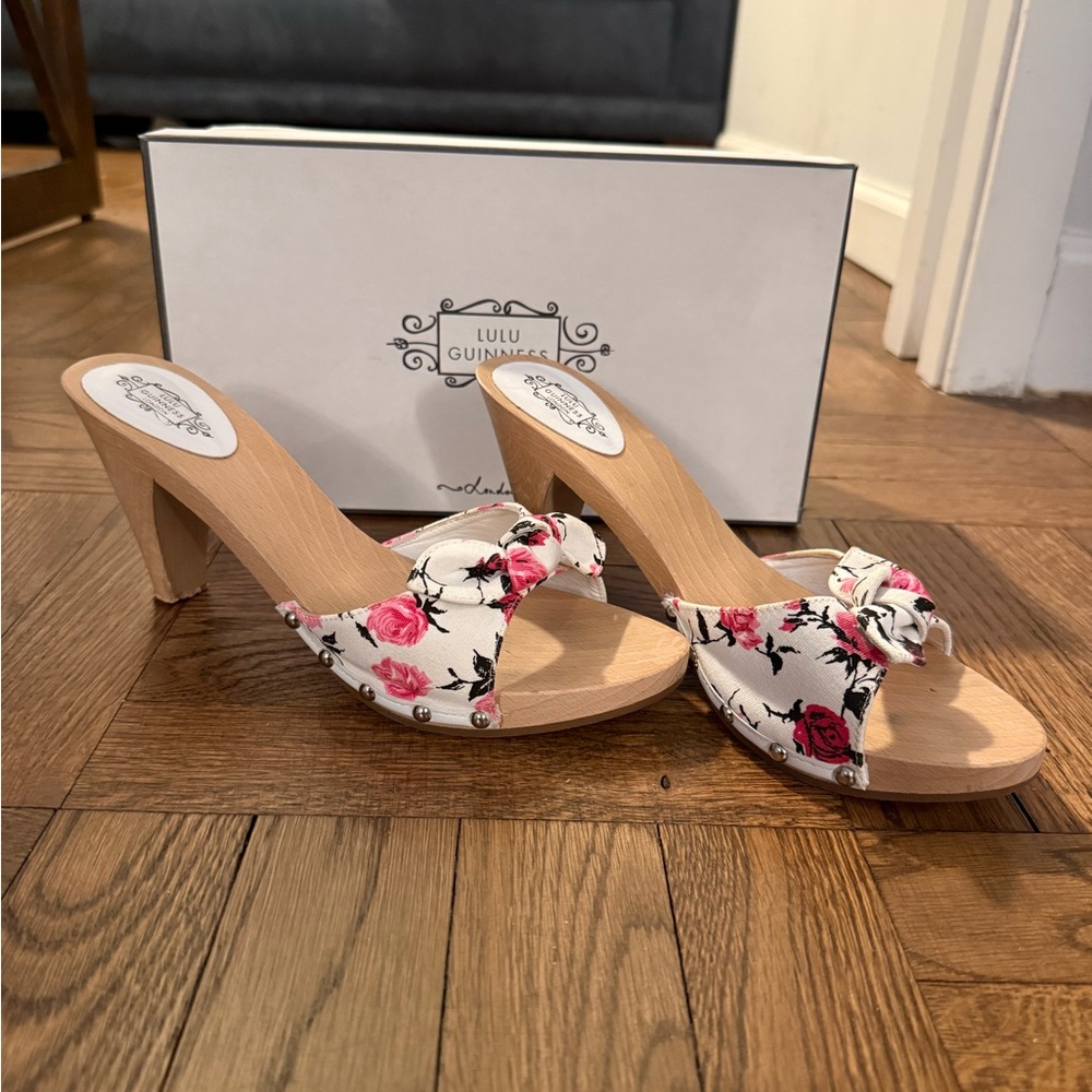 Lulu Guinness Floral Mules with Wooden Heel
